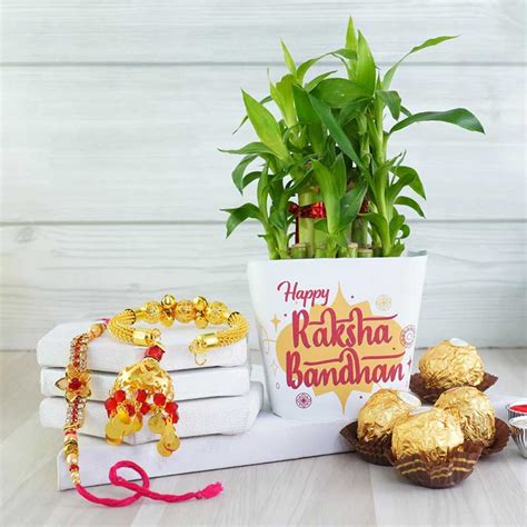 Send Set Of Bhaiya Bhabhi Rakhi With Lucky Bamboo N Ferrero Rocher Online
