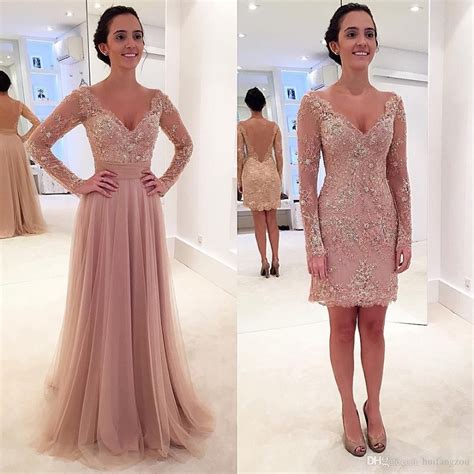 Nude Pink Long Sleeves 2 Piece Prom Dress With Detachable Skirt