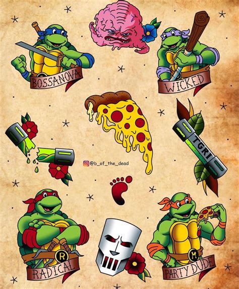 Teenage Mutant Tattoos On An Old Parchment Paper With The Turtles