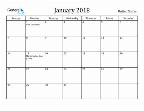 January 2018 Calendar With United States Holidays