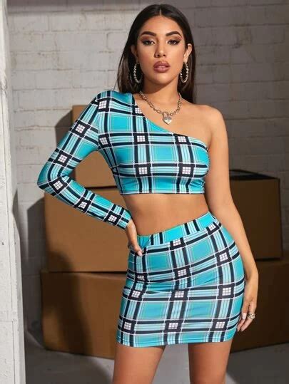 One Shoulder Plaid Crop Top And Skirt Set Plaid Crop Top Real Women Fashion Summer Two Piece