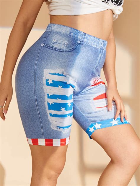 32 Off 2021 Plus Size 3d Denim Ripped Print American Flag Cycling Shorts In Blue Dresslily