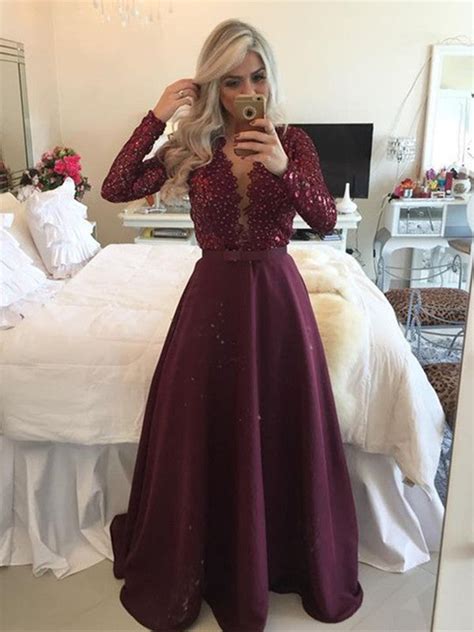 Custom Made A Line V Neck Long Sleeves Maroon Prom Dresses Maroon For