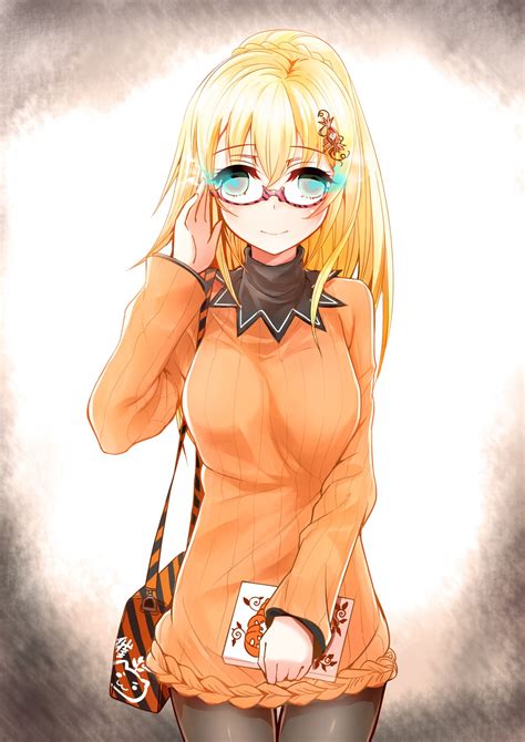 Wallpaper Illustration Long Hair Anime Girls Glasses Halloween Cartoon Sweater Yellow