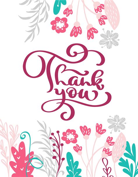 Thank You Hand Drawn Text With Flowers Trendy Hand Lettering Quote Graphics Vintage Art Print