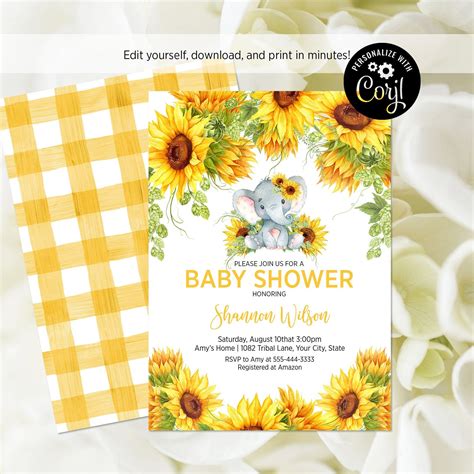 EDITABLE TEMPLATE Sunflower Baby Shower Invitation Elephant | Etsy | Sunflower baby shower ...