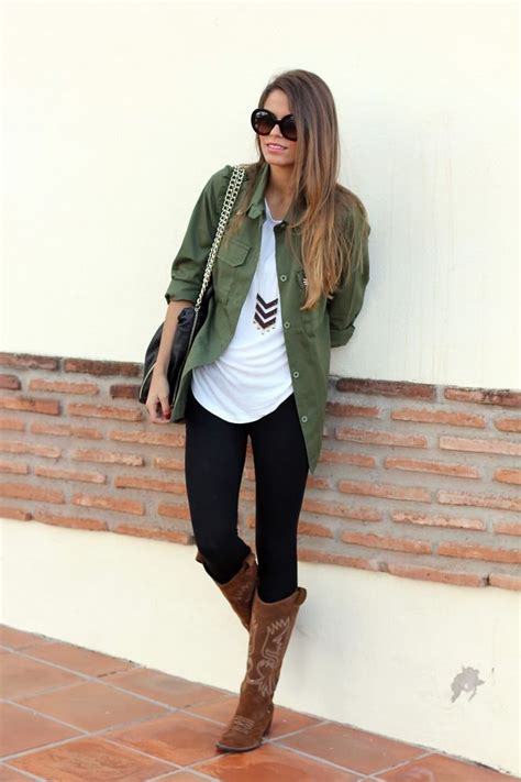 Casual Fall Outfit Green Shirt Black Pants White Top