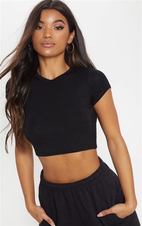 Basic Black Cotton Cropped T Shirt Tops Prettylittlething
