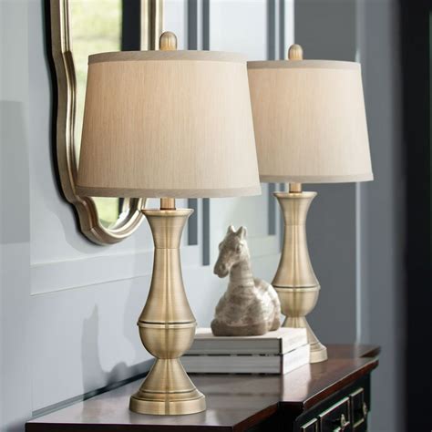 Regency Hill Traditional Table Lamps Set Of 2 Antique Brass Metal Beige