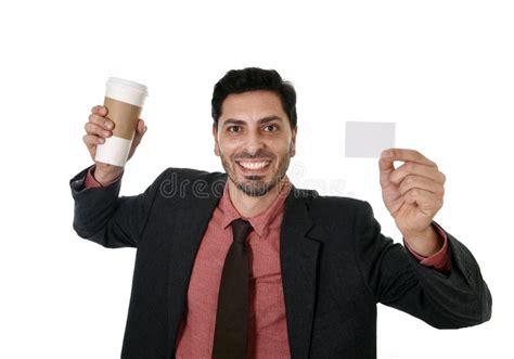 Happy Businessman Holding Take Away Coffee Cup White Card Blank As Copy