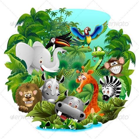 Cute And Funny Group Of Wild Animals Cartoon On Green Jungle