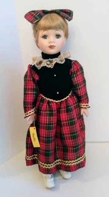 Blonde Hair Green Eyes 16 Porcelain Doll W Stand Red Plaid Christmas