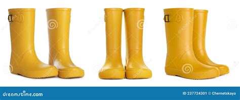 Set With Yellow Rubber Boots On White Background Banner Design Stock