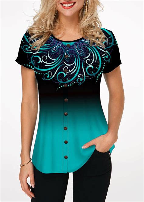 round neck button embellished printed blouse trendy fashion tops womens trendy tops trendy