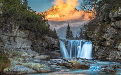Download Wallpapers Waterfall Mountain River Forest Sunset