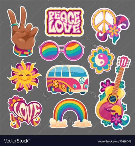 Hippie Stickers Or Icons Hand Gesturing Victory Vector Image
