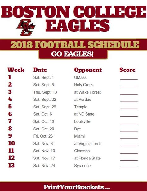 2018 Printable Boston College Eagles Football Schedule Oklahoma