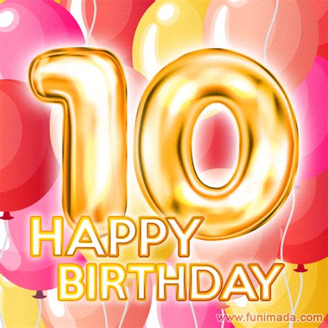 Fantastic Gold Number 10 Balloons Happy Birthday Card Moving 
