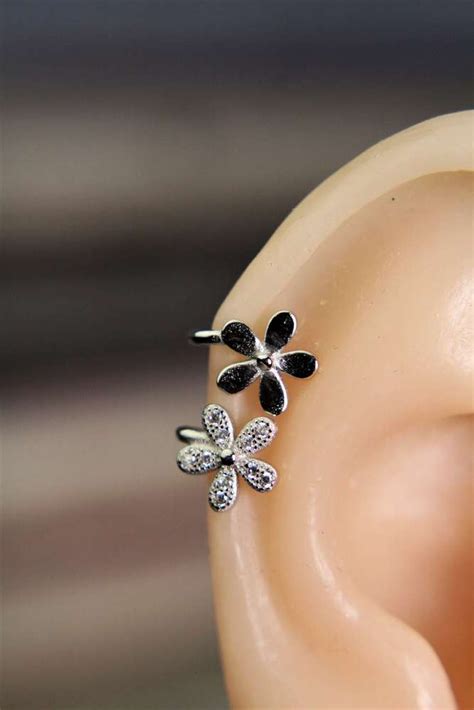 Sterling Silver Flowers Ear Cuffs With Cubic Zirconia Pave Daisy Floral