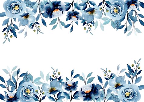 Blue Floral Border With Watercolor For Wedding Birthday Card