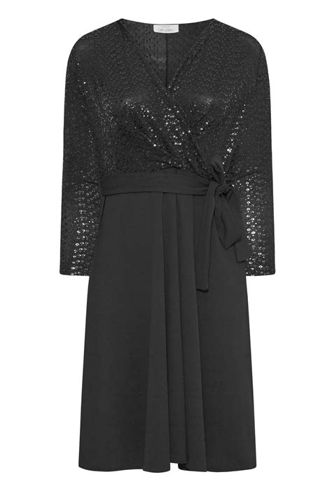 Yours London Curve Black Sequin Wrap Skater Dress Yours Clothing