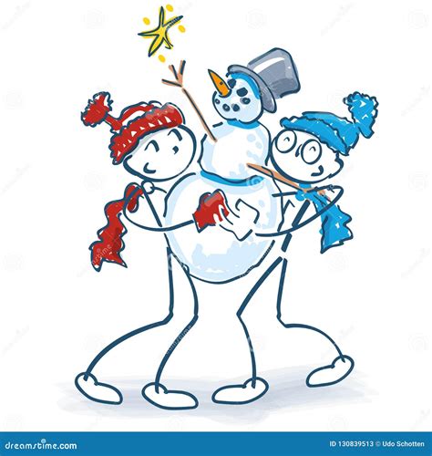 Stick Figures Wearing A New Snowman Stock Vector Illustration Of