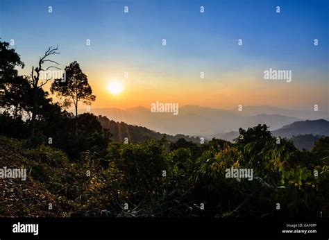 High Angle View Beautiful Sunset Over Mountain Range From Panoen Thung