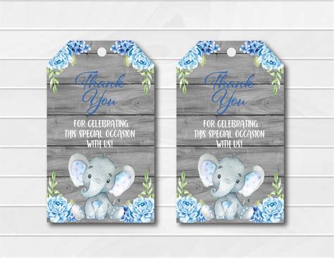 Printable summer baby shower gift tags, boy beach birthday thank you tag template, printable boy surf shower favor tags, bsb_0293. Blue Elephant Baby Shower Favor Tags - Announce It!