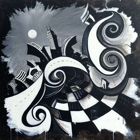 A Whimsical Black And White Painting Of Downtown Indy By Justin Vining