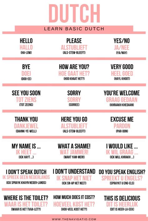 a pink and white poster with words that say dutch learn basic dutch or english
