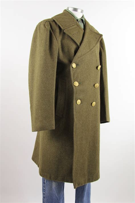 Wwii Mens Military Coat Wool Gold Button Olive Green Trench Winter
