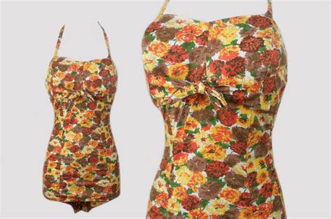 Vintage 1950s 50s Floral Cotton Smocked Sweetheart Halter Swimsuit Xs