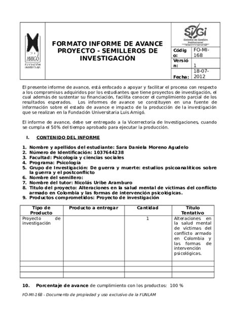 Doc Formato Informe De Avance Proyecto Semilleros De InvestigaciÓn