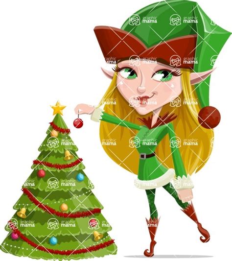 Female Christmas Elf Cartoon Vector Character Decorating Christmas