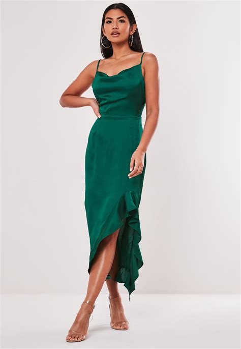 Missguided Green Satin Ruffle Side Cami Midi Dress Lyst