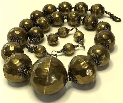 Hand Knotted Vintage Hollow Ware Brass Beaded Necklace Bali Silver