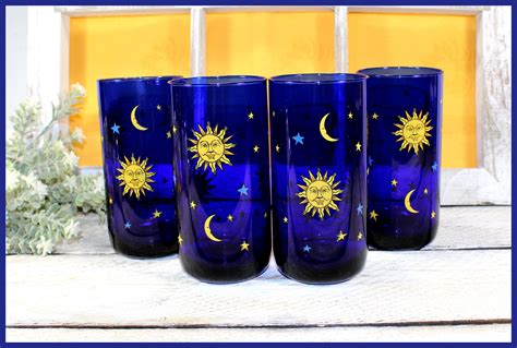 Libbey Celestial Cobalt Blue Tumblers Set Of 4 Glasses 16 Etsy Sun Moon Stars Etsy Vintage