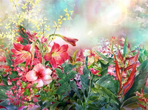 Abstract Flowers Watercolor Painting Spring Multicolored Flowers