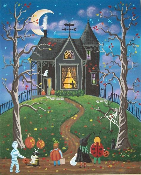 Who Goes First Halloween Folk Art 10 X 8 Print By Kimscottageart