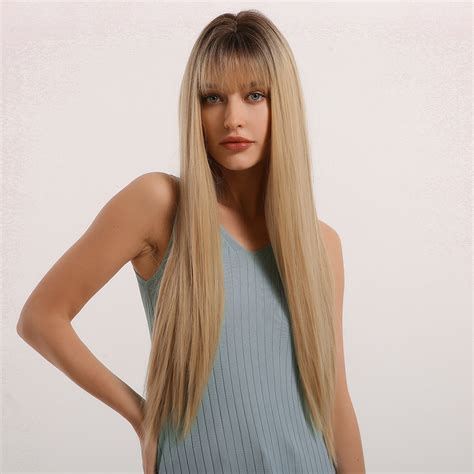 Eashair Women Synthetic Ombre Blonde Hair Wigs With Bangs Long Silk