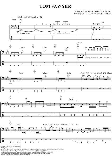 Tom Sawyer Sheet Music By Rush For Bass Tab Sheet Music Now