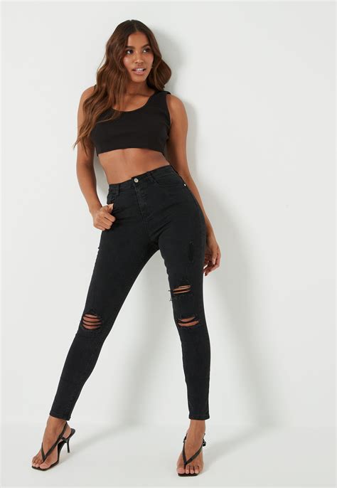 Missguided Black Sinner High Waisted Authentic Ripped Skinny Jeans High Waisted Black Jeans