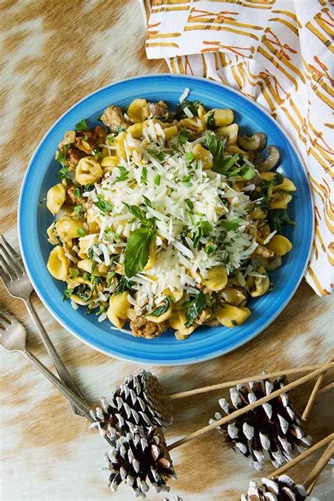 Fresh basil, parsley, breadcrumbs, and cheese fill each cap. Orecchiette with Sausage, Mushrooms & Spinach | Recipe ...