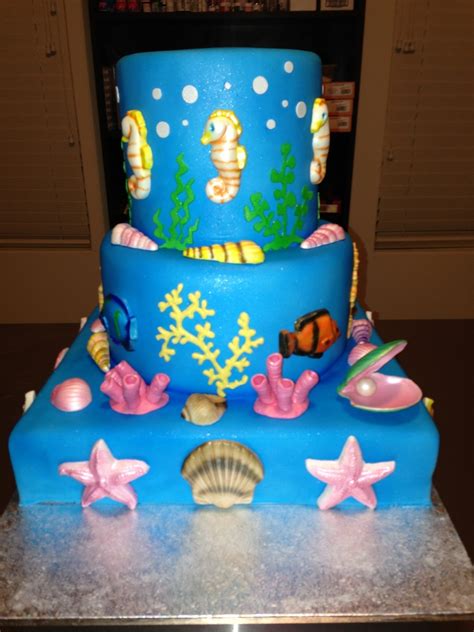 As you saw in my stories, my first cake failed ‍ im almost certain the layer i used for the base… Birthday Cake For My 7 Year Old Gum Paste Seahorses Shells ...