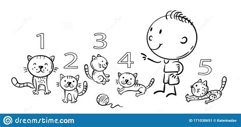 Child Counting Cats And Learning Numbers Outline Illustration Stock