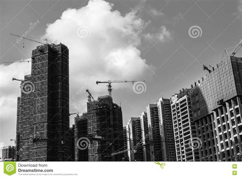 Black And White Photo Of Construction Of Skyscrapers On A