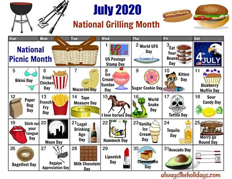 July National Day Calendar Free Printable 2020