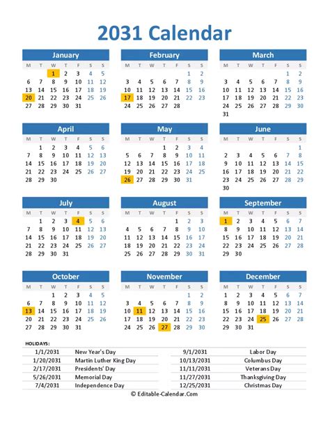 Download Free 2031 Printable Calendar With Us Holidays Portrait Weeks