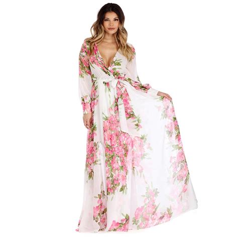 Fashion Women Chiffon Maxi Dress Floral Printed Deep V Neck Long Sleeve