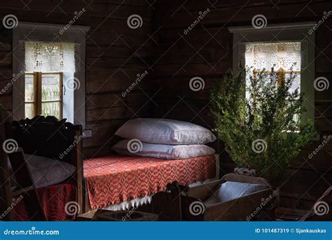 Ancient Bedroom Interior Wooden House Lithuania Editorial Stock Image